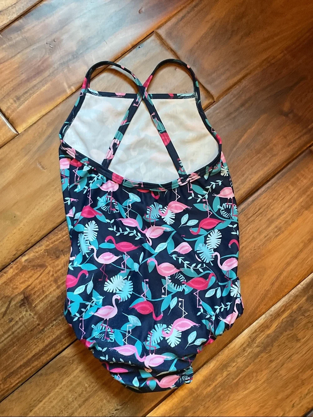 Girls Navy Flamingo Print One-Piece Swimsuit with Pink & Teal Accents
